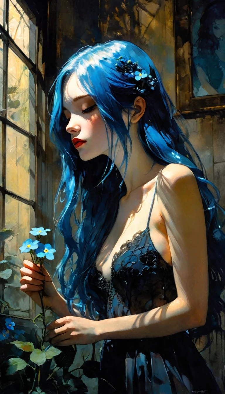 かんざし かんざしさん(((masterpiece))), ((highest quality 16k)), (ephemeral:1.3), ((sexy girl)) ((detailed and delicate)), ((fantastic background)), ((long blue hair)), holding a small blue flower, look down, Forget-me-not, NEON COLOR, LOFI COLOR,eroticism, sexy, black and white image, between shadows, oil painting, chiaroscuro, sensual, dramatic lighting, moody atmosphere, photorealistic, intricate details, masterpiece, ultra-detailed, high quality, 8k, best quality, realistic, cinematic, dark and brooding, expressionistic, powerful composition, emotional impact, Bill Sienkiewicz inspired art