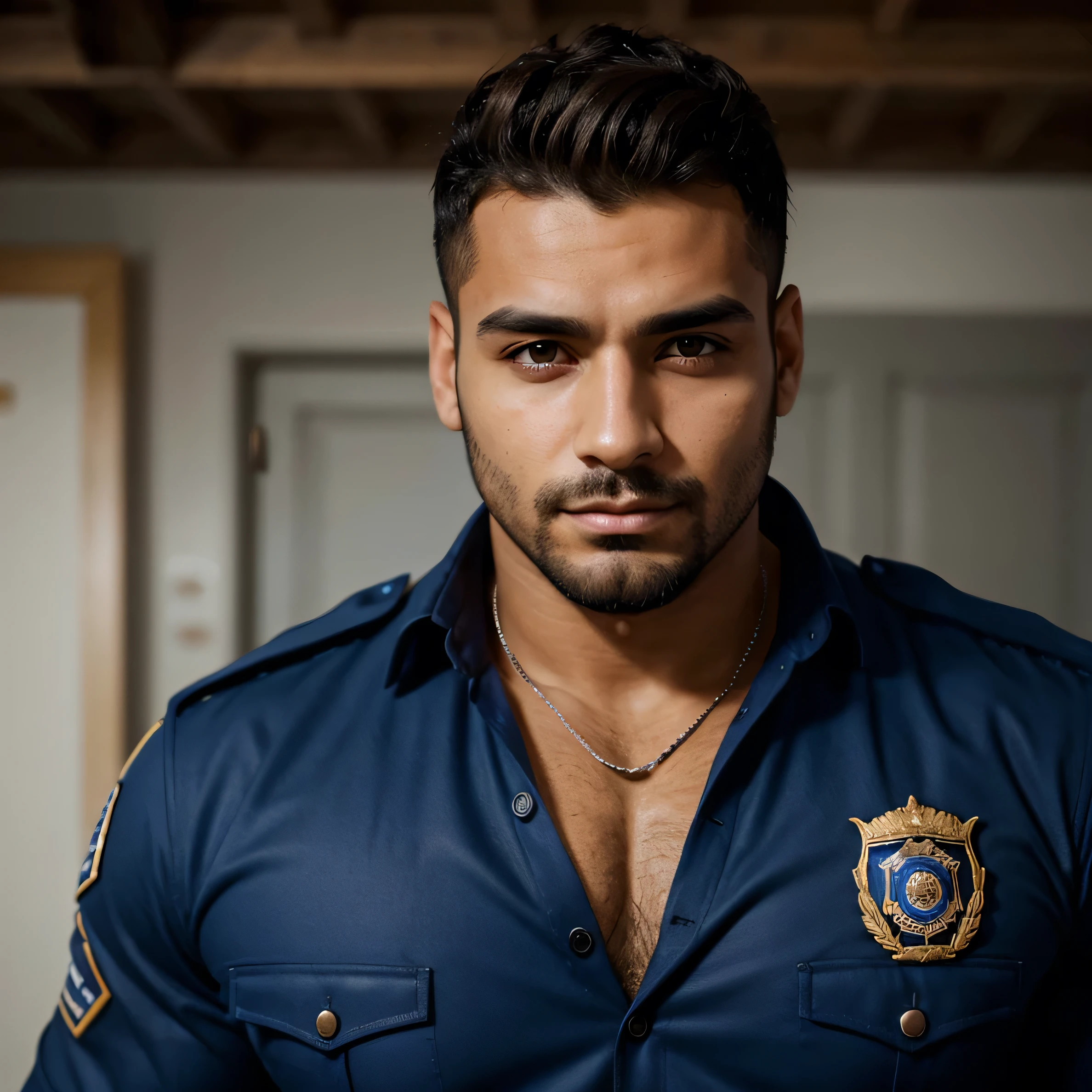 portrait, homme, brun, yeux bleu, latino, musclé, barbe , uniforme police
