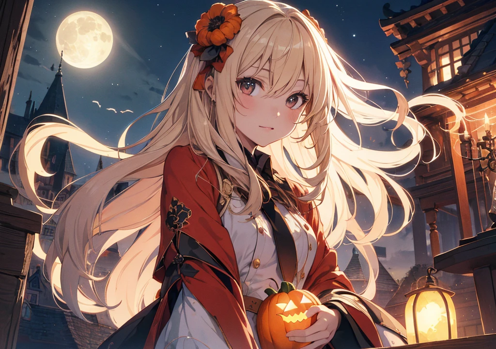 Realistic photos, Focus distance 10mm, Red and white, Beautiful girl, Realistic photos, Shooting at focus distance 10mm, masterpiece, 最high quality, high quality, Very detailed CG 8k wallpaper unit, Award-winning photography, Depth of written boundary, High resolution, bloom, chromatic aberration, Realistic, Very detailed, Art Station Trends, CGsociety Trends, Complex, High detail, dramatic, Art on the go, volumetric lighting, A beautiful blonde girl holds a Disney-style magic wand and looks up at the night sky on a castle balcony on Halloween night. A full moon and lit up pumpkin lanterns stand in the background