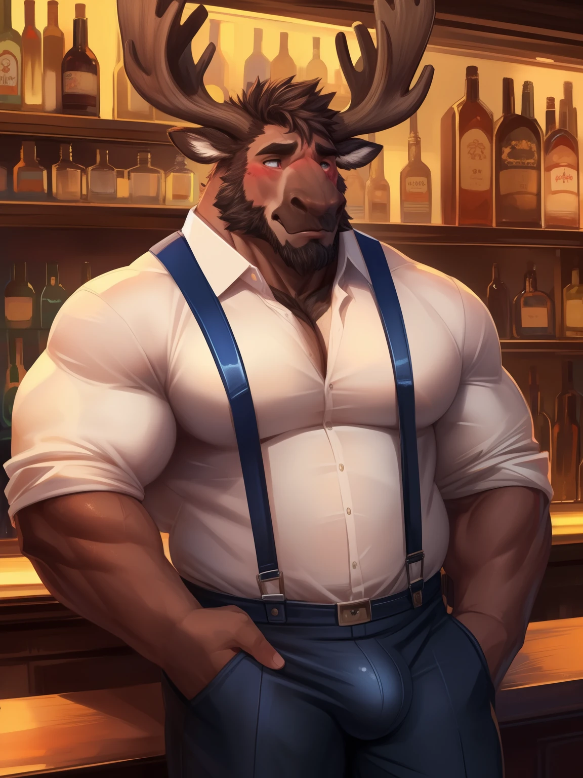 indong, lucusold, lanxus, a ager guy with a muscle, furry deer wearing ((super tight white shirt with leather suspenders :1.2)), big moose antlers, human face, bulge, bar, bartender, fit, ((shy face, blushed cheeks):1.3), bearded , no fat, danbooru and artstation, heavy detailed, handsome, commission for high res, detailed but rough, semirealistic:1.3