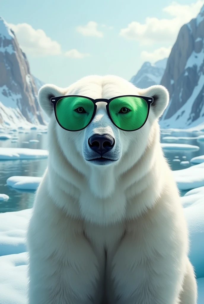 A polar bear wearing glasses with green lenses