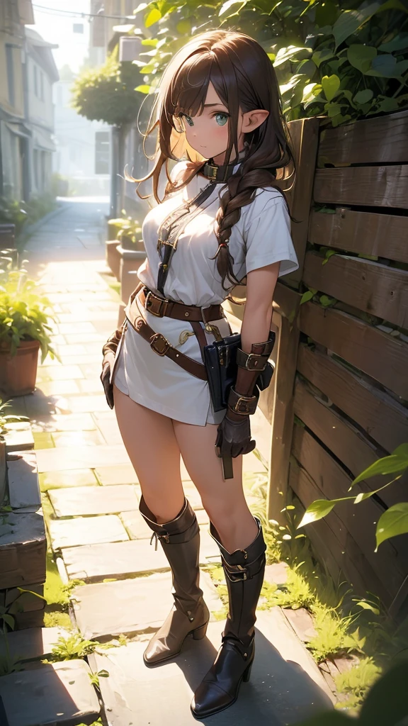 ((best qualityer, 8k, work of art:1.3)), focusing:1.2, Perfect Body Beauty:1.4, buttocks:1.2, (( breastsout:1.1)), green eyes, brown hair color, Longhaire, long hair, a gray stripe on a margin, elf ear, Elven Clothing,simple short sleeve blouse, white blouse, simple brown gloves, shorte marron medieval, two belts with one buckle, braided boot with a buckle, boots a little below the knees, warrior, magician, realisitic, she's standing, standing, with one hand on the belt and the other hand with a short sword.