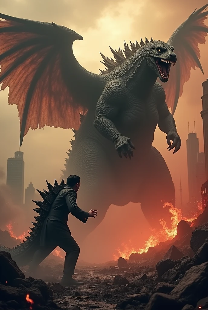 Hitler with wings fighting Godzilla