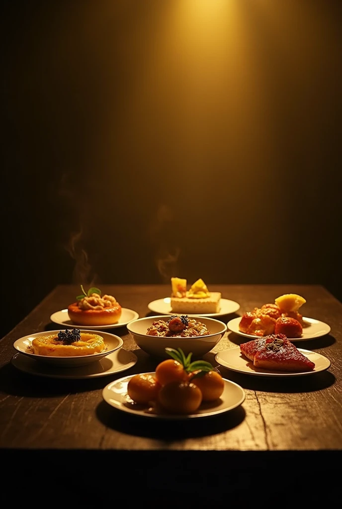 create a picture with plates of food under a table, the dark background and yellow lighting