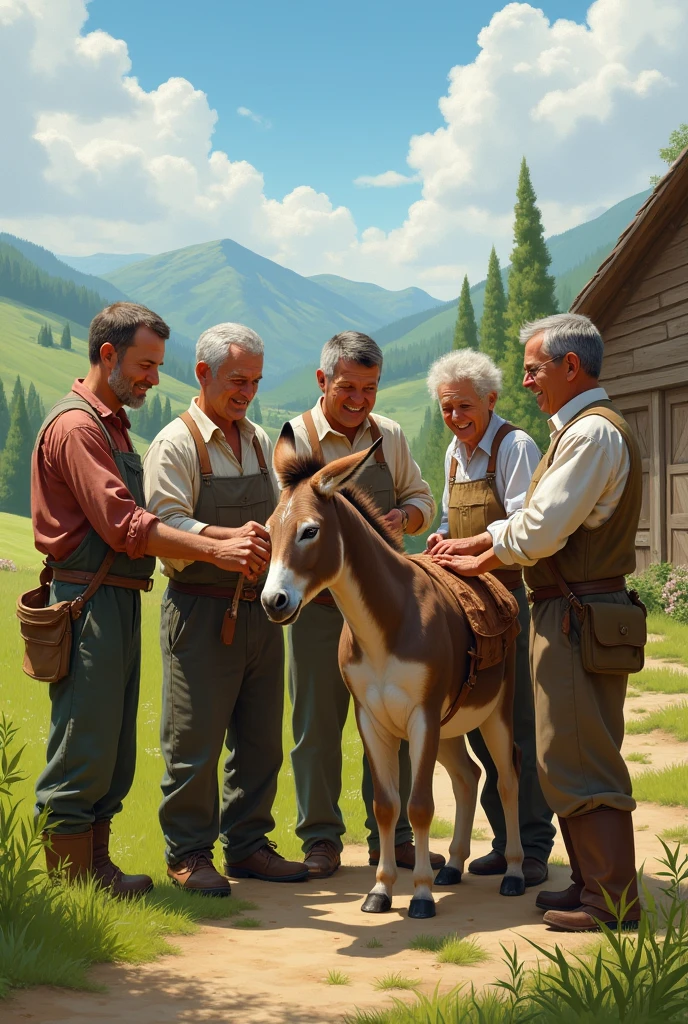 five neighbors taking care of the donkey on the farm