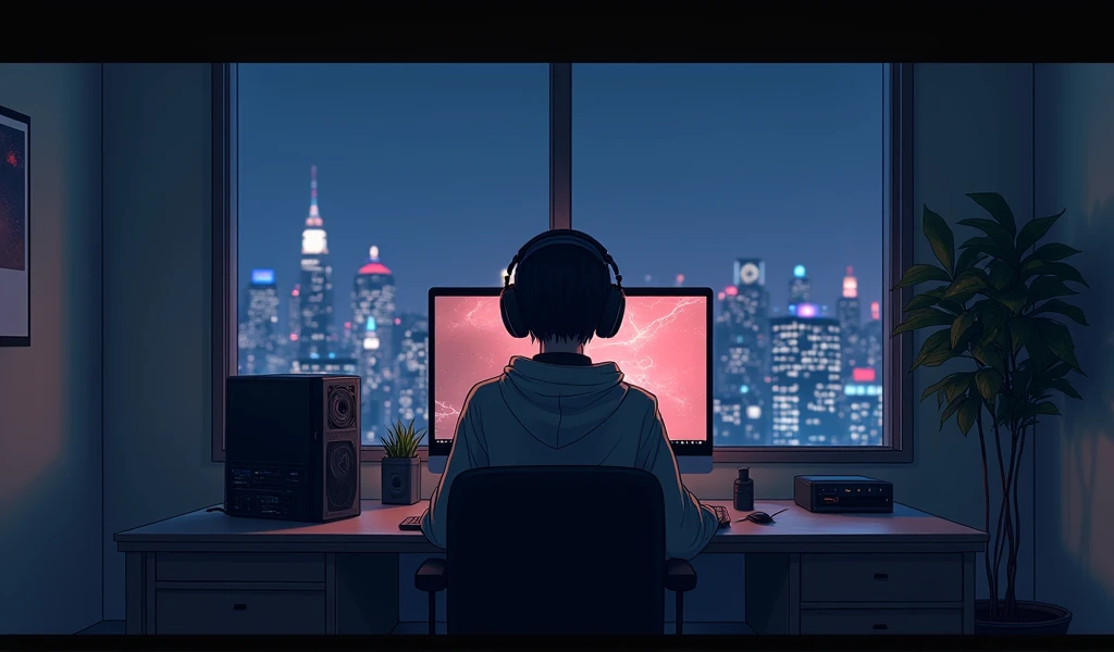 night、Listen to music in a cozy room, Use headphones, 2D Style Anime, Lo-Fi, hard disk, Dark Environment、High-end Desktop PC、unmanned、large room、View of the city from the window