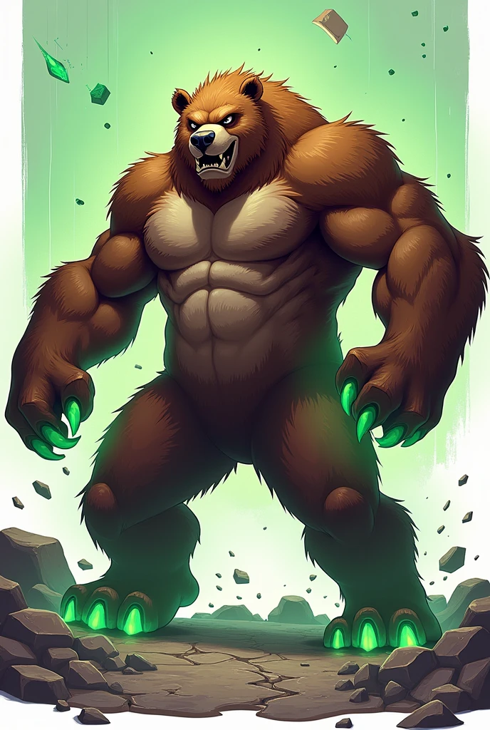 Create a 3D stylized illustration for 'Terron,' a bear-like creature embodying the earth element, in a powerful stomping pose. The art style should reflect the rugged, modern aesthetic of the SOLMON logo, with bold lines and earthy tones. Use a rich color palette with glowing green accents to emphasize Terron's connection to the earth, incorporating cracks and rubble around its feet as it prepares to launch a seismic stomp. The background should feature minimalistic digital earth and cosmic elements, maintaining a clean yet powerful composition that captures both the strength and resilience of the character.