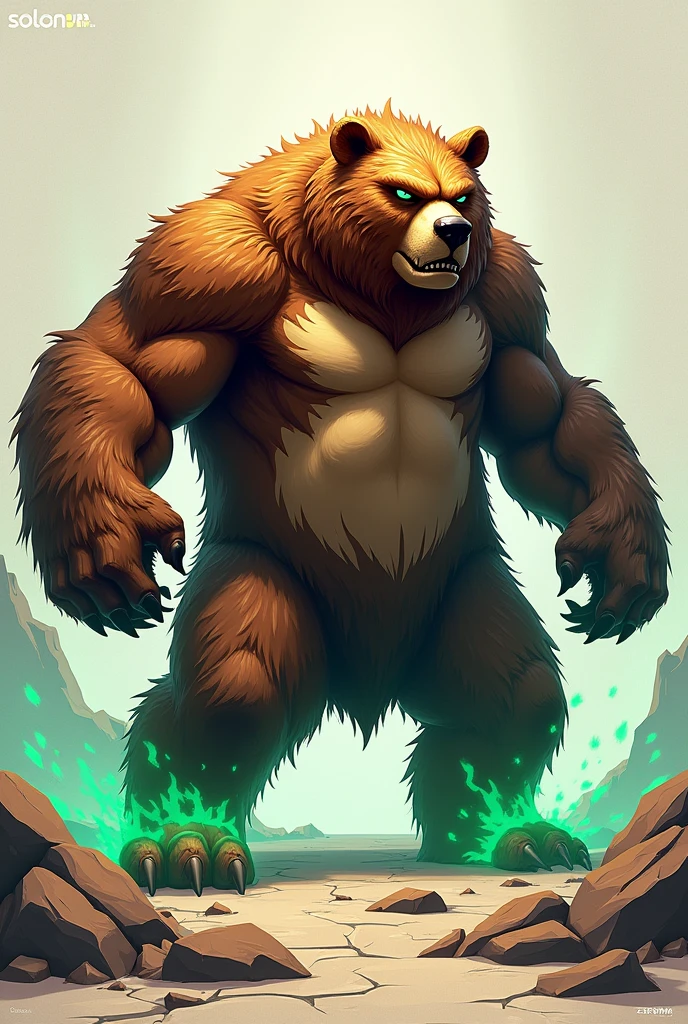 Create a 3D stylized illustration for 'Terron,' a bear-like creature embodying the earth element, in a powerful stomping pose. The art style should reflect the rugged, modern aesthetic of the SOLMON logo, with bold lines and earthy tones. Use a rich color palette with glowing green accents to emphasize Terron's connection to the earth, incorporating cracks and rubble around its feet as it prepares to launch a seismic stomp. The background should feature minimalistic digital earth and cosmic elements, maintaining a clean yet powerful composition that captures both the strength and resilience of the character.