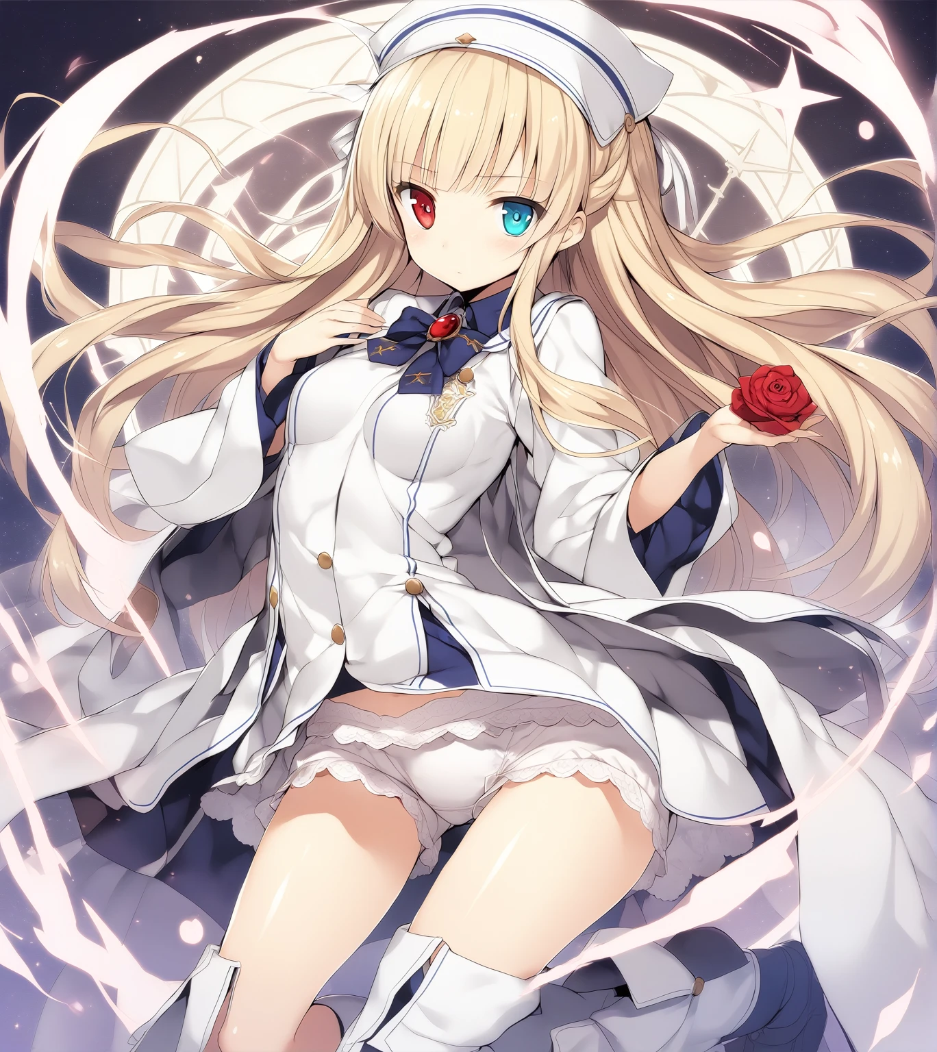 A princess,blond,Red and blue heterochromatic pupils,Flat breasts,Long hair with bangs,Black and white magic school,White robe,White visor hat,Red rose headdress,Knickers,Mid-length boots