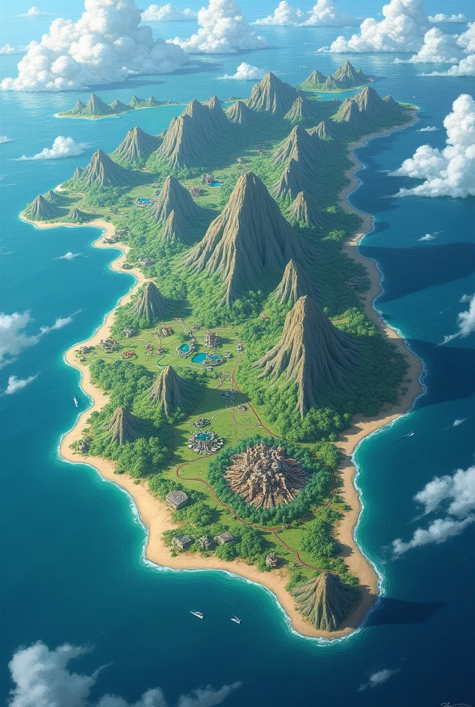 Create a map where you can see a region surrounded by really immense water Where you can see several kingdoms Semi-realistic anime style