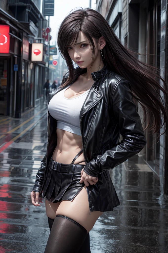 Tifa rockhart:1.2, black leather jacket:1.2, best quality, high resolution, masterpiece, high detailed, 32k, cinematic lighting, in heavy rain:1.2, wet floor:1.2, on the street, droplet on her face and skin and jacket:1.3, city light, upper body shot:1.2, depth of field:1.2, look sad:1.2, walking:1.2, wet jacket:1.2, wet shirt:1.2, wet skirt:1.2, web face:1.2, wet body:1.2, face detailed, wet hair:1.2, motion blur, long exposure, slim and perfect figure, perfect body proportions, water vapor:1.2
