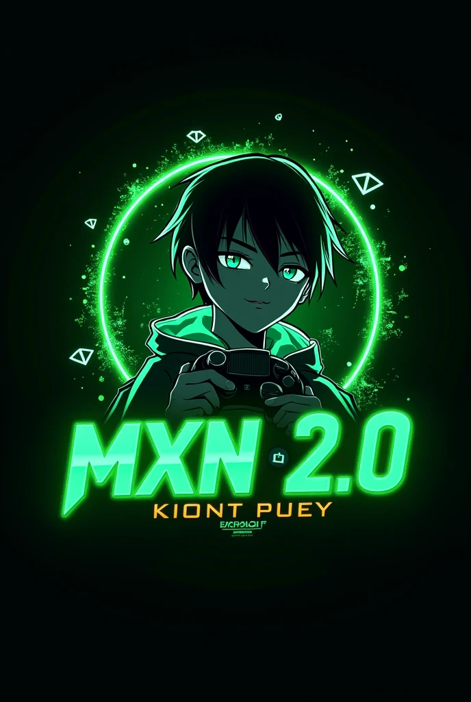 This is a gaming logo that features the name "MXN 2.0" in a futuristic font and a neon green color. and Boy Anime avtar, The logo also has a stylized controller icon and a YouTube play button in the background. The logo is designed to be attractive and eye-catching, and to appeal to gaming enthusiasts and YouTube viewers. I hope you like it.Text must be correct in spelling and must note that font must be futuristic