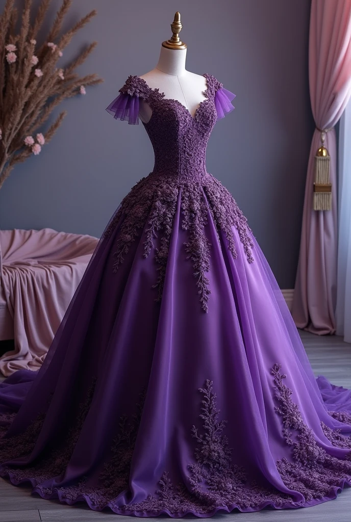 deep purple wedding dress、Petal Dress、Princess line wedding dress、mannequin