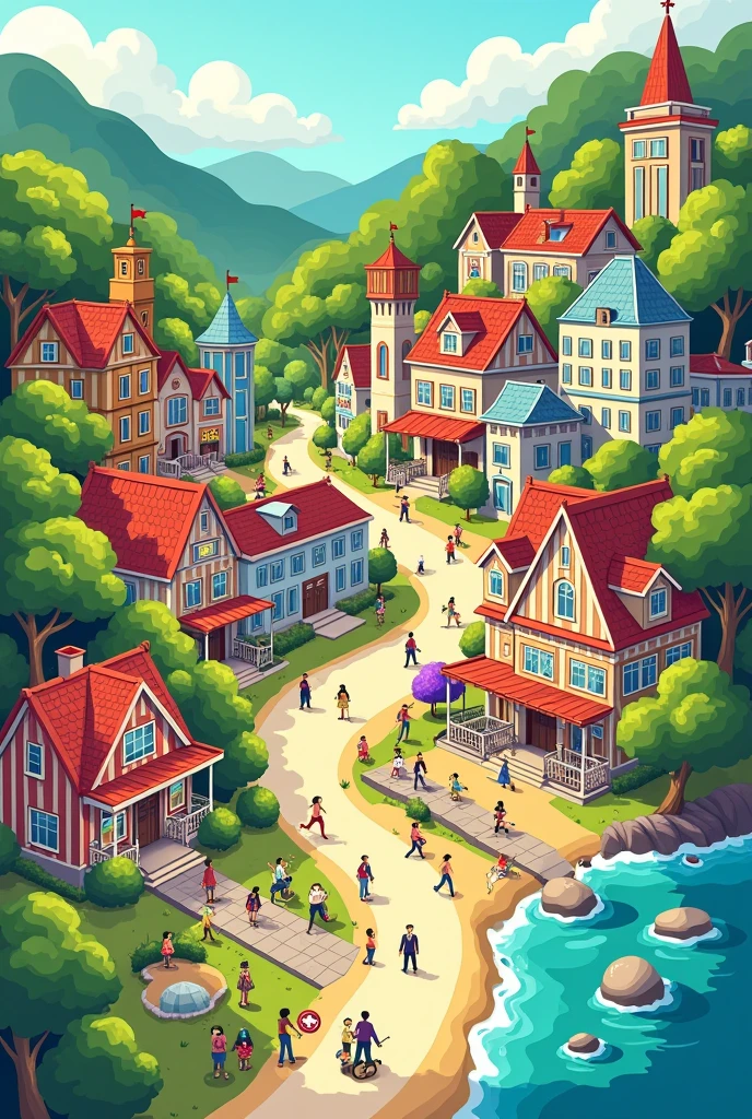 CARTOON MAP WITH CITY PLACES: WHERE TO LOOK AT THE FOLLOWING PLACES: There are a cinema, park, bank, church, bus station, library, restaurant, cafe, hotel, pool, museum, zoo, supermarket, university, plaza, police station, fire station, airport, hospital, bus stop,