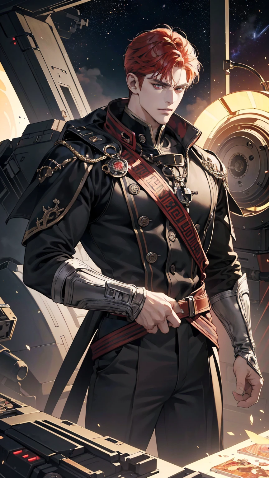 {(best quality, 8k, masterpiece, HDR, soft lighting, perfect image, digital illustration, manhwa art, hyper detailed image, perfect lines, realistic)} 1 very handsome man, short red hair, bright white eyes, black space pirate clothing, intimidating, 1 metal arm, (imposing posture, smirking expression), {(space background inside spaceship}