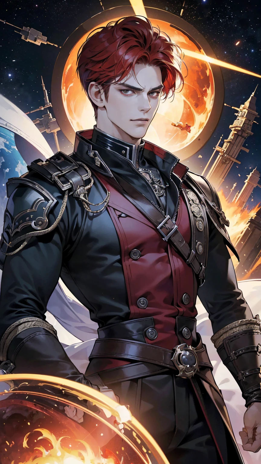 {(best quality, 8k, masterpiece, HDR, soft lighting, perfect image, digital illustration, manhwa art, hyper detailed image, perfect lines, realistic)} 1 very handsome man, short red hair, bright white eyes, black space pirate clothing, intimidating, 1 metal arm, (imposing posture, smirking expression), {(space background inside spaceship}