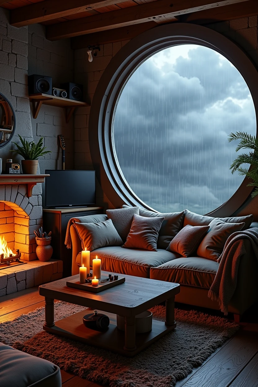 Rustic den room, large window, rainstorm with clouds outside, fireplace, dark couch with pillows, table with candles, electric guitar, speakers, medium tv, blankets, cozy, round window