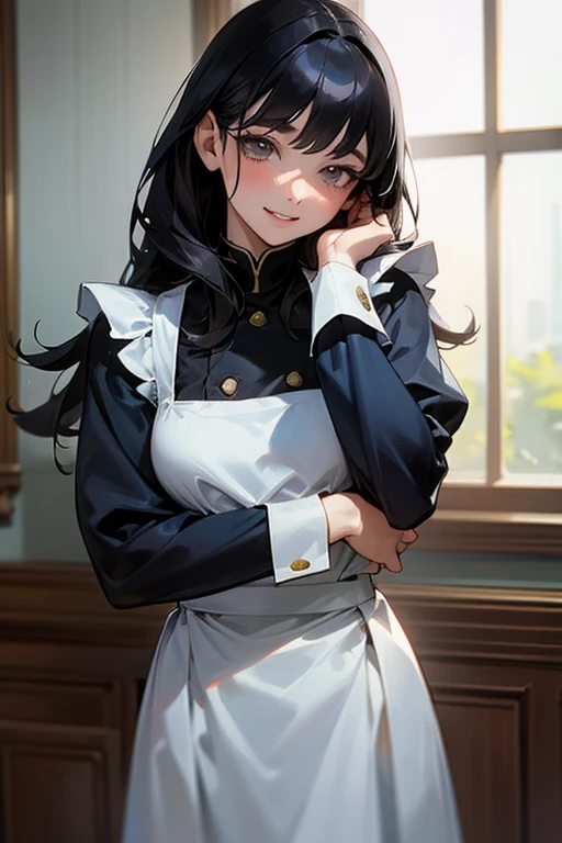 (Highest Resolution, clear_image) Highest quality, Single, One Woman, alone, masterpiece, Very detailed, Semi-realistic, Black Hairのショートヘア, Black Hair, bangs, 18-year-old, mature, light blue uniform, uniform, Indoor Background, kind, Authoritative, Powerful, exquisite features, exquisite features、Eyelashes become longer、Showing teeth、smile😀、Maid clothes、Touching hair、Shoulder Bare、