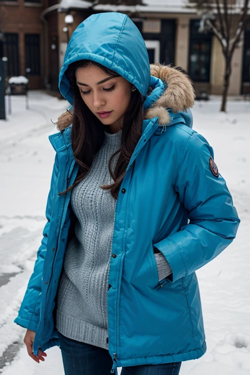 Make a woman in a blue parka
