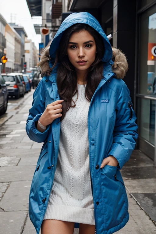 Make a woman in a  blue parka 