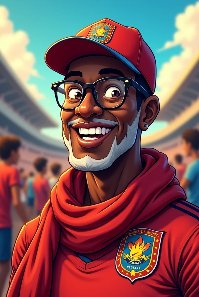 Make a black man with a Flamengo shirt, scarf, thin white beard cap, and cartoon-style prescription glasses