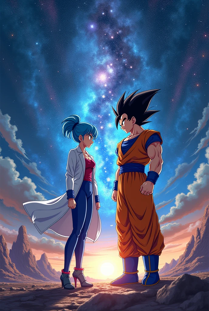 bulma and vegetta in a space background