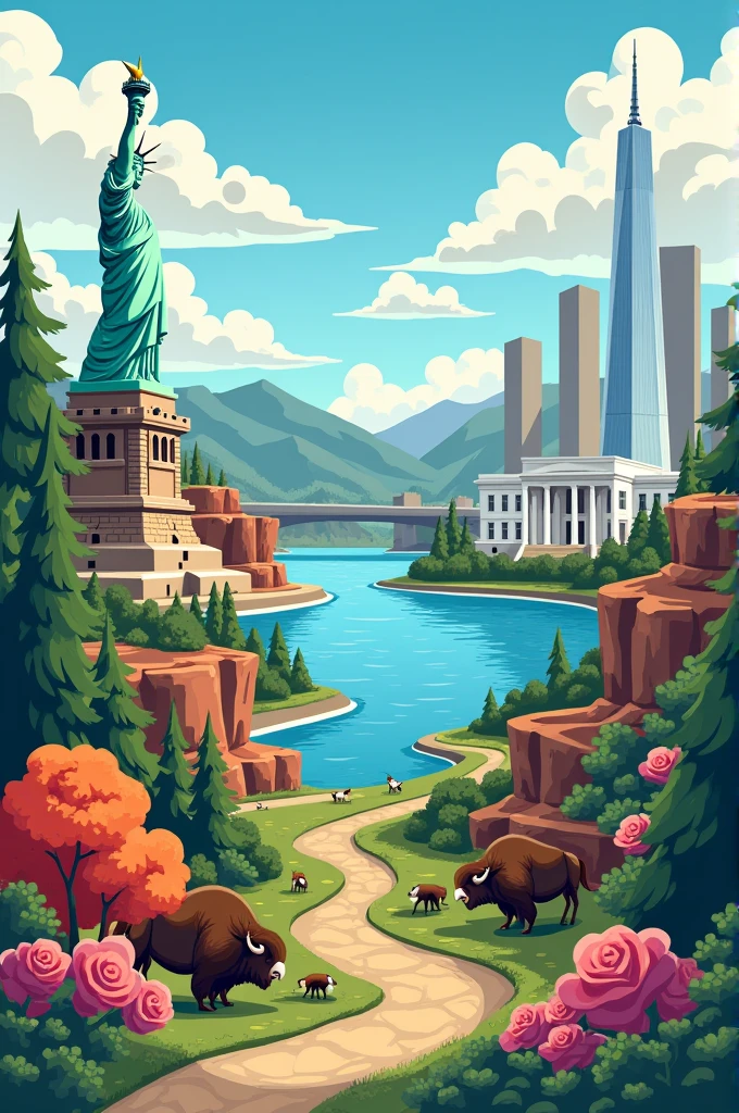 A 2d and cartoon mural of the United States that has:The statue of Liberty,The White House, el empire state, el one world trade center,The Grand Canyon,yellowstone lake,the bison,the bald eagle,the oaks and the roses IN HORIZONTAL