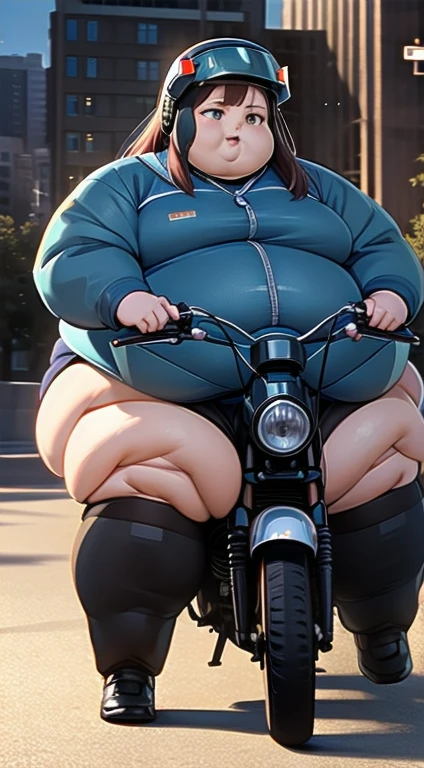 Highest image quality, outstanding details, ultra-high resolution, (realism: 1.4), the best illustration, favor details, highly condensed obese 1girl, with a delicate and beautiful fat face, obese body, dressed in a black and green mecha, wearing a mecha helmet, holding a directional controller, riding on a motorcycle, the background is a high-tech lighting scene of the future city.