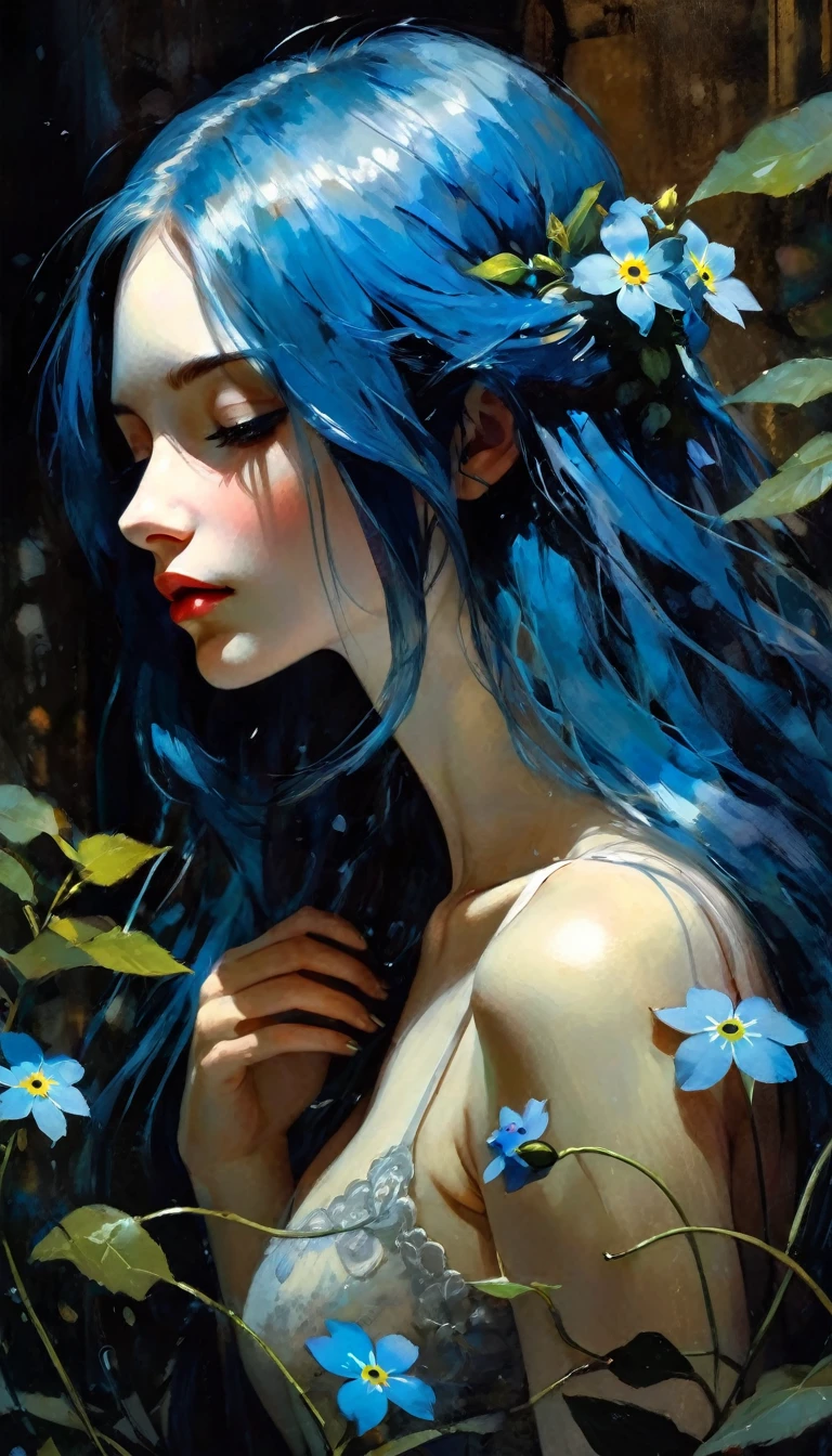 かんざし　かんざしさん(((masterpiece))), ((highest quality 16k)), (ephemeral:1.3), ((sexy girl)) ((detailed and delicate)), ((fantastic background)), ((long blue hair)), holding a small blue flower, look down, Forget-me-not, NEON COLOR, LOFI COLOR,eroticism, sexy, black and white image, between shadows, oil painting, chiaroscuro, sensual, dramatic lighting, moody atmosphere, photorealistic, intricate details, masterpiece, ultra-detailed, high quality, 8k, best quality, realistic, cinematic, dark and brooding, expressionistic, powerful composition, emotional impact, Bill Sienkiewicz inspired art
