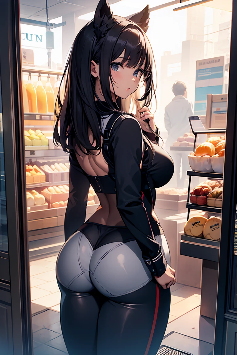 Highest quality, Super detailed, (Ultra-high resolution,8k),Cute outfit, (Ass Focus, From the back, look back), Butt in the shop window