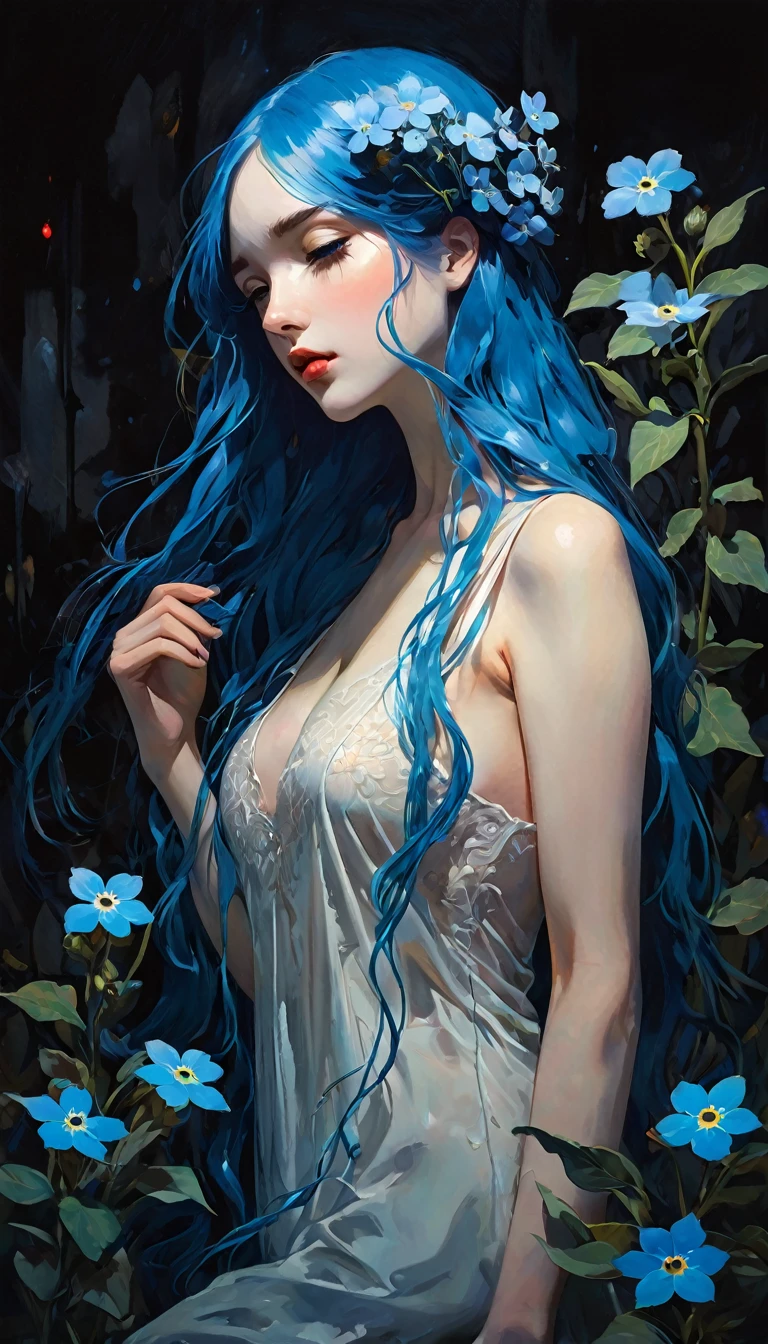 かんざし　かんざしさん(((masterpiece))), ((highest quality 16k)), (ephemeral:1.3), ((sexy girl)) ((nude)) ((detailed and delicate)), ((fantastic background)), ((long blue hair)), holding a small blue flower, look down, Forget-me-not, NEON COLOR, LOFI COLOR,eroticism, sexy, black and white image, between shadows, oil painting, chiaroscuro, sensual, dramatic lighting, moody atmosphere, photorealistic, intricate details, masterpiece, ultra-detailed, high quality, 8k, best quality, realistic, cinematic, dark and brooding, expressionistic, {{{,{pussy,spread her pussy,cum,cum on pussy,masterbation,straddling,},{{{back,doggystyle,penis,1boy}}},cute,ultra detailed skin,sketch}}}, , powerful composition, emotional impact, Bill Sienkiewicz inspired art
