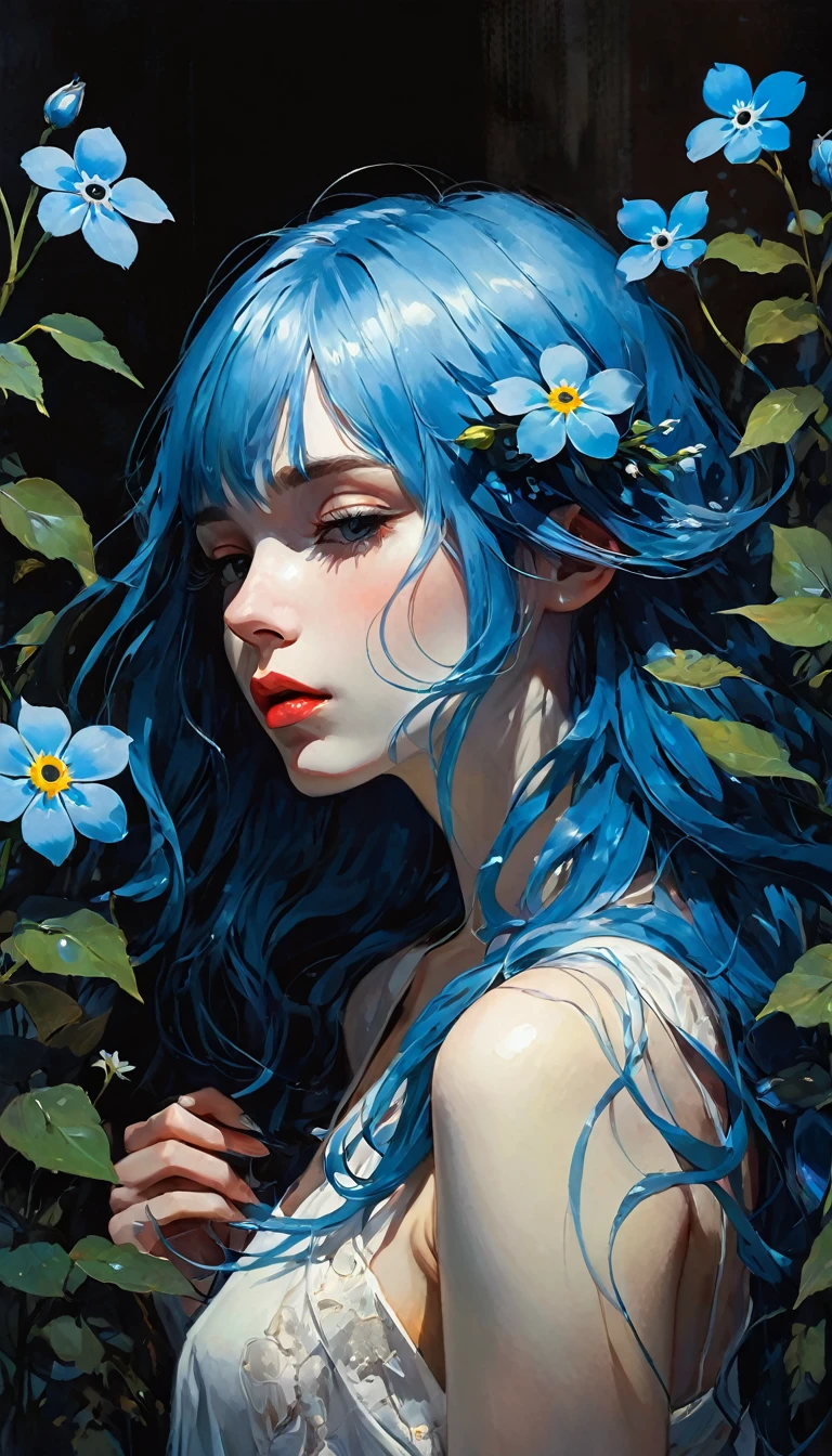 かんざし かんざしさん(((masterpiece))), ((highest quality 16k)), (ephemeral:1.3), ((sexy girl)) ((detailed and delicate)), ((fantastic background)), ((long blue hair)), holding a small blue flower, look down, Forget-me-not, NEON COLOR, LOFI COLOR,eroticism, sexy, black and white image, between shadows, oil painting, chiaroscuro, sensual, dramatic lighting, moody atmosphere, photorealistic, intricate details, masterpiece, ultra-detailed, high quality, 8k, best quality, realistic, cinematic, dark and brooding, expressionistic, powerful composition, emotional impact, Bill Sienkiewicz inspired art