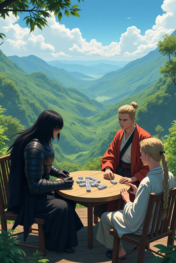 Berserk Guts Black Armor, Thorfinn from Vinland Saga Blonde with Travel clothes and Musashi Miyamoto from Vagabond With Kimono and long ponytail playing Domino on a hill in Venezuela, Guts sitting, Thorfinn sitting and Musashi sitting at a table to play Dominoes 