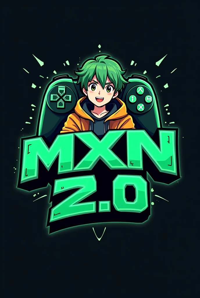 This is a gaming logo that features the name "MXN 2.0" in a futuristic font and a neon green color. and Boy Anime avtar, The logo also has a stylized controller icon and a YouTube play button in the background. The logo is designed to be attractive and eye-catching, and to appeal to gaming enthusiasts and YouTube viewers. I hope you like it.Text must be correct in spelling and must note that font must be futuristic