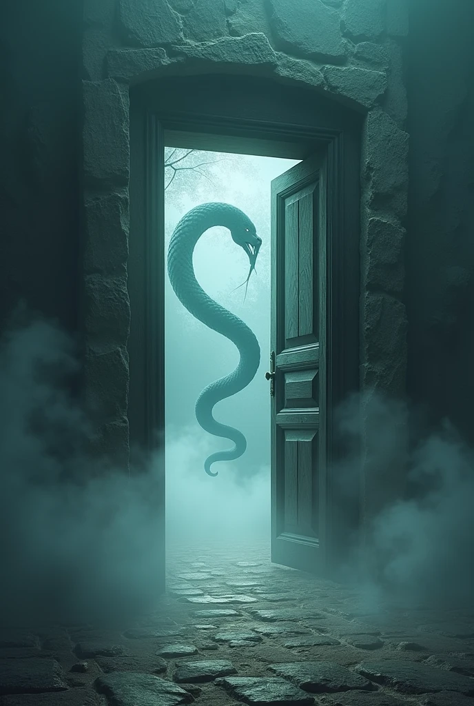 An open door with an ouroboros behind it