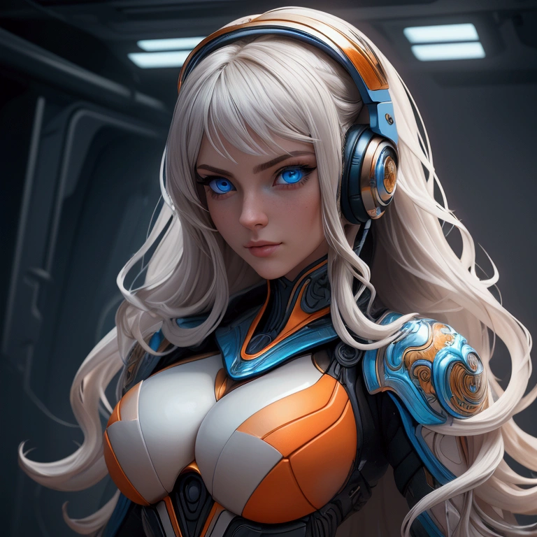 beautiful 25 year old woman , deep blue eyes, orange clothes metallic white details, cinematic, photoshoot, half contra-luz, contra-luz, dramatic lighting , Incandescent, soft lighting, Insanely detailed and intricate, Hyper maximalist, Art without Guweiz style, elegant pose, dynamic, fot, Volumetric , ultra detaild, intricate-detail, guweiz's first super detailed work, futuristic atmosphere, Headset, Pod Cast