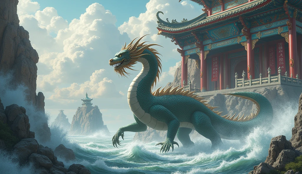 Dragon，Cerberus、Huge,，Chinese Leaders，snake long tail，Huge waves，Chinese style，OC Rendering，Ultra-fine，high quality，8K high resolution，Super detailed