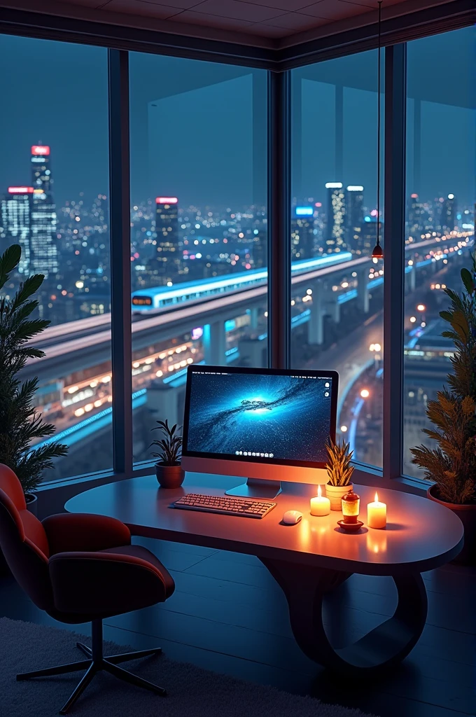 Create a realistic 1920x1080 office scene at night with a modern, cozy atmosphere. The room should have large windows showcasing a cityscape illuminated by nighttime city lights. Include a monorail in the distance with a train passing by to add dynamic elements to the scene. Ensure some of the city lights flicker to enhance realism.Inside the office, place a sleek, modern round table facing the camera. On the table, position a computer monitor facing the camera, with the screen visible and displaying content. Include a keyboard and a mouse on the table, neatly arranged. For added warmth, place lit candles on a coffee table in the room, casting a soft, warm glow that contrasts with the cool city lights outside. The overall ambiance should blend modern technology with cozy, inviting elements. This setup will also leave space for adding a character later on.