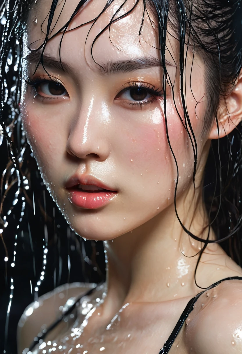 closeup of a Breathtaking hot Japanese prostitute posing seductively and provocatively,wet, drenched in sweat, wearing a unbuttoned tight lingerie with long dynamic wet drenched hair , pale skin, perfect skin, black eyeliner , long eyelashes, soft skin, defined cheek bones, high cheek bones, round face, cheery, blushing, magic mist, digital painting, digital illustration, extreme detail, digital art, 4k, ultra hd, Anna Dittmann, greg rutkowski, alyssa monks, hyperrealism, trending on artstation, by Egon Schiele, gustave dore, david mann, vintage photography, beautiful, tumblr aesthetic, hd photography, hyperrealism