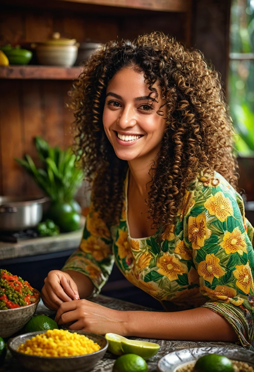 a beautiful 30 year old brazilian woman with curly hair,warm smile,cooking traditional brazilian dishes,fresh ingredients on table,natural lighting,photorealistic,detailed portrait,intricate details,vibrant colors,cinematic lighting,award winning photograph