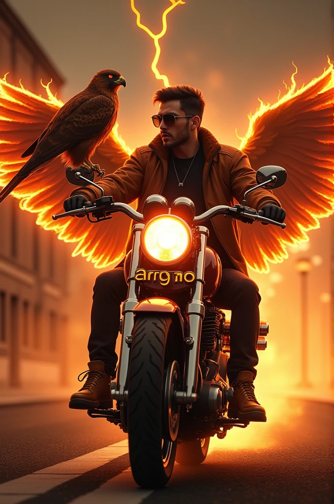 25-year-old boy sits on a Brown fire bike on a Brown lightning-lit road. He’s dressed in a Brown fire jacket, black pants, and Brown fire shoes, with sunglasses on. He holds a neon Brown lightning sign with “Aryan” in one hand. A Brown fire falcon stands beside him, adding to the intense, fiery scene. and a fire wing behind him