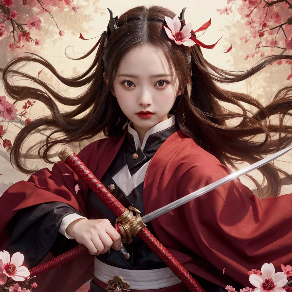 girl with a sword and a red cape, she is holding a katana sword, nezuko, detailed realistic, beautiful girl