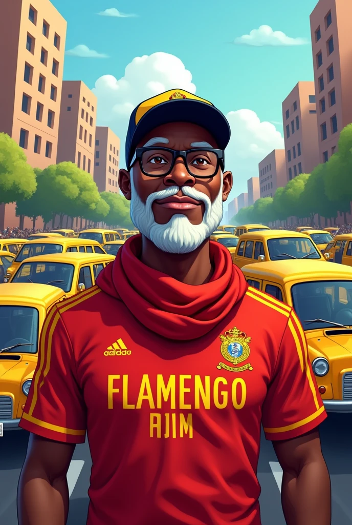 Make a black man with a Flamengo shirt, scarf, thin white beard cap, and eyeglasses, in a scenario with 10 cartoon-style combis