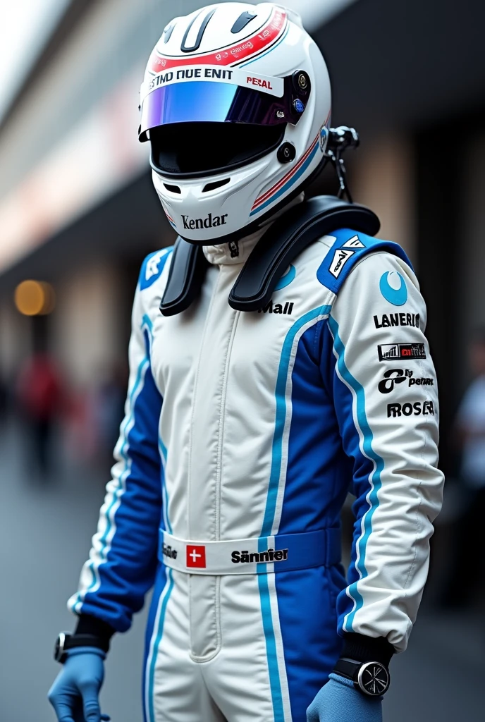 A picture of a formula one racing suit. The suit is oxford blue (1D2D44) and white.