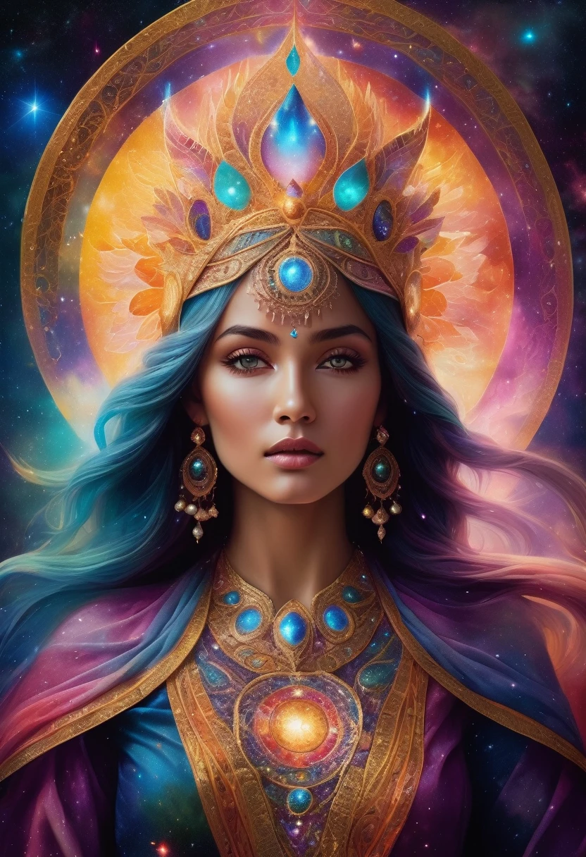 An ethereal cosmic goddess, her holographic form glowing with celestial brilliance against a backdrop of swirling galaxies. This awe-inspiring image is a digitally rendered painting, showing the intricate details of her flowing robes and intricate headdress. Each pixel is meticulously crafted to capture the essence of otherworldly grace, with a mesmerizing play of light and color. The image draws viewers into a mesmerizing realm of cosmic beauty and divine presence.