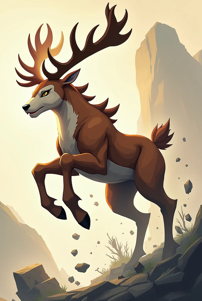 Create a 3D stylized illustration for 'Granit,' a deer-like creature representing the earth element, depicted in a majestic, skillful pose. The art style should be consistent with the SOLMON logo, featuring bold lines and earthy color schemes. Granit should be shown mid-leap, with rocks and earth swirling around its antlers as it prepares to unleash a rockslide attack. The background should include minimalistic digital earth effects that complement the earthy theme, ensuring a cohesive and visually striking design.