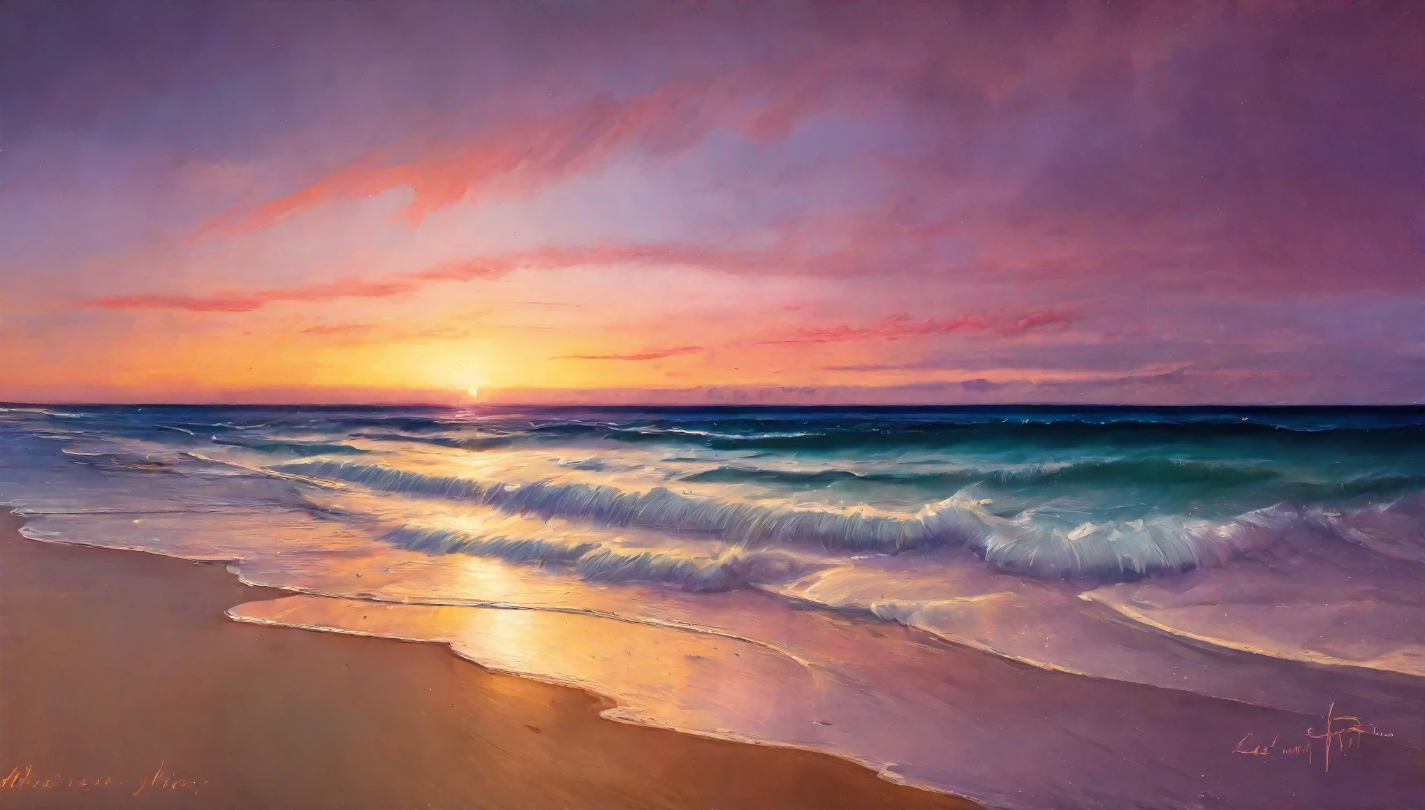 (best quality, masterpiece:1.2), A painting of an ocean in a beautiful sunset, golden, pink and purple hues, exquisite, painterly, realistic painting, light painting, beautiful, breathtaking