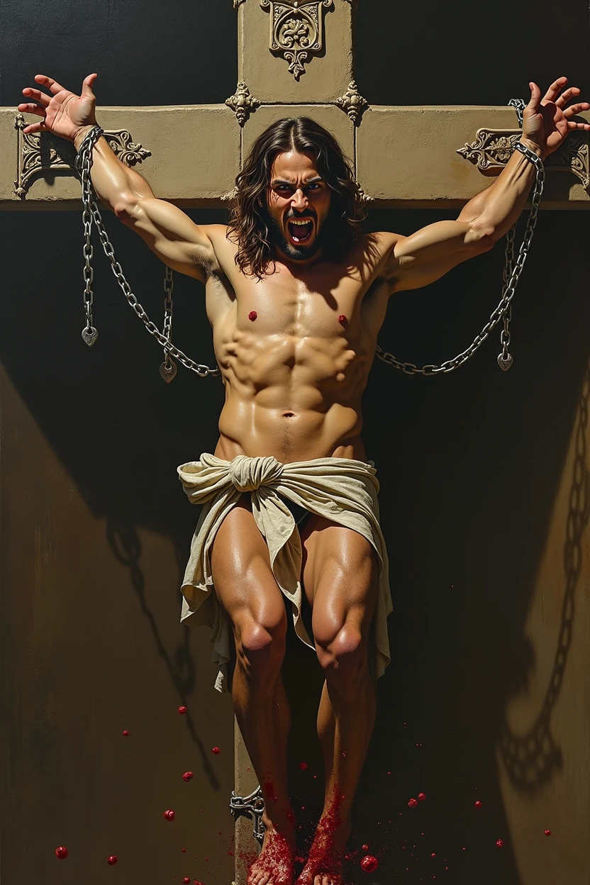 Human chained in a cross, but only in torso and the hands and behing the cross; front view, face full of rage and looking to us with bright eyes; beautiful man; caravaggio oil painting; realism; mid lenght hair; background with a lot of detail; inferior half body destroyed with legs destroyed; and blood; show hands becomings into fangs, and arms downs; the cross in stone with some ornament