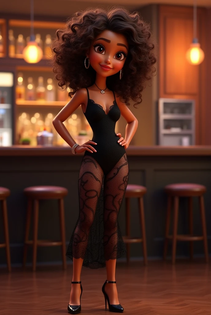 create a 3d disney pixar style animation of a 35 year old woman,your skin is light brown,brown dark eyes,brown curly hair with medium sized highlights,She wears a black dress made entirely of transparent lace,high heel sandals,She is wearing lipstick on her lips, she is standing in a bar.