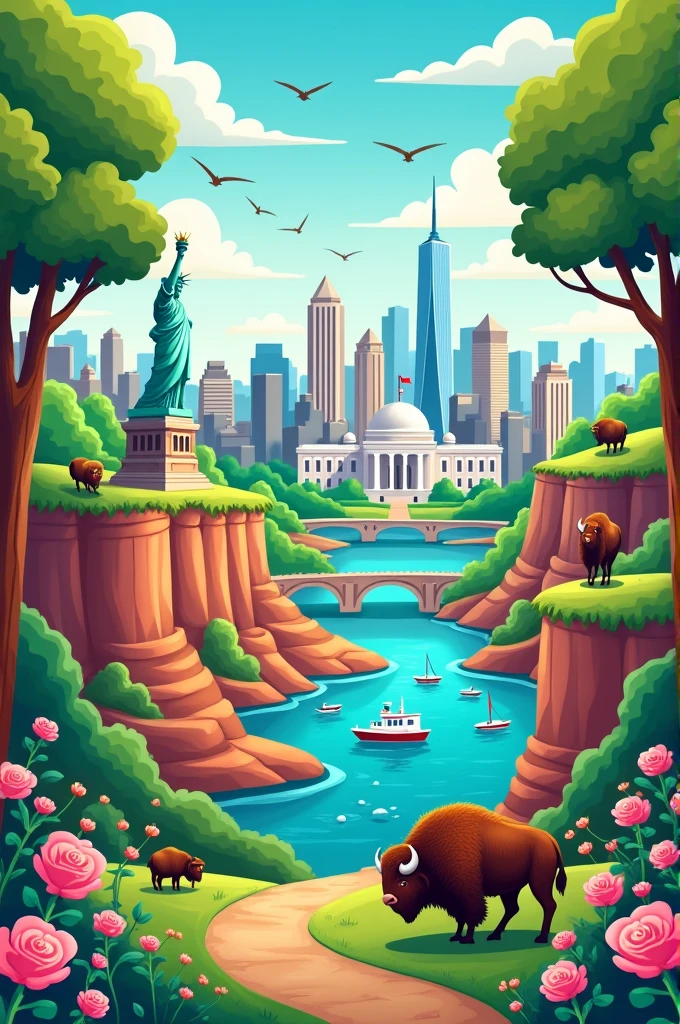 A horizontal 2d cartoon mural of the United States that has:The statue of Liberty,The White House, el empire state, el one world trade center,The Grand Canyon,yellowstone lake,the bison,the bald eagle,the oaks and the roses IN HORIZONTAL